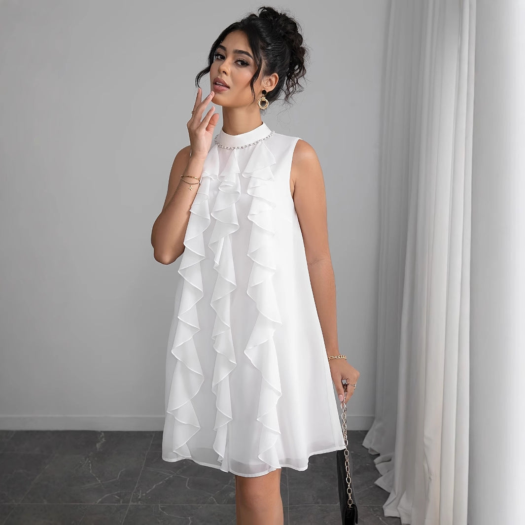 Damen-Chiffonkleid mit voluminösen Rüschendetails und elegantem Stehkragen, Größe [Größe fehlt]