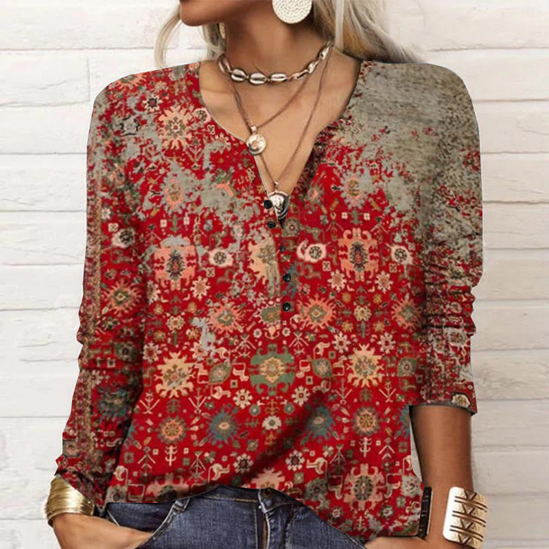 Women's long-sleeved shirt with detailed print and button placket, size
