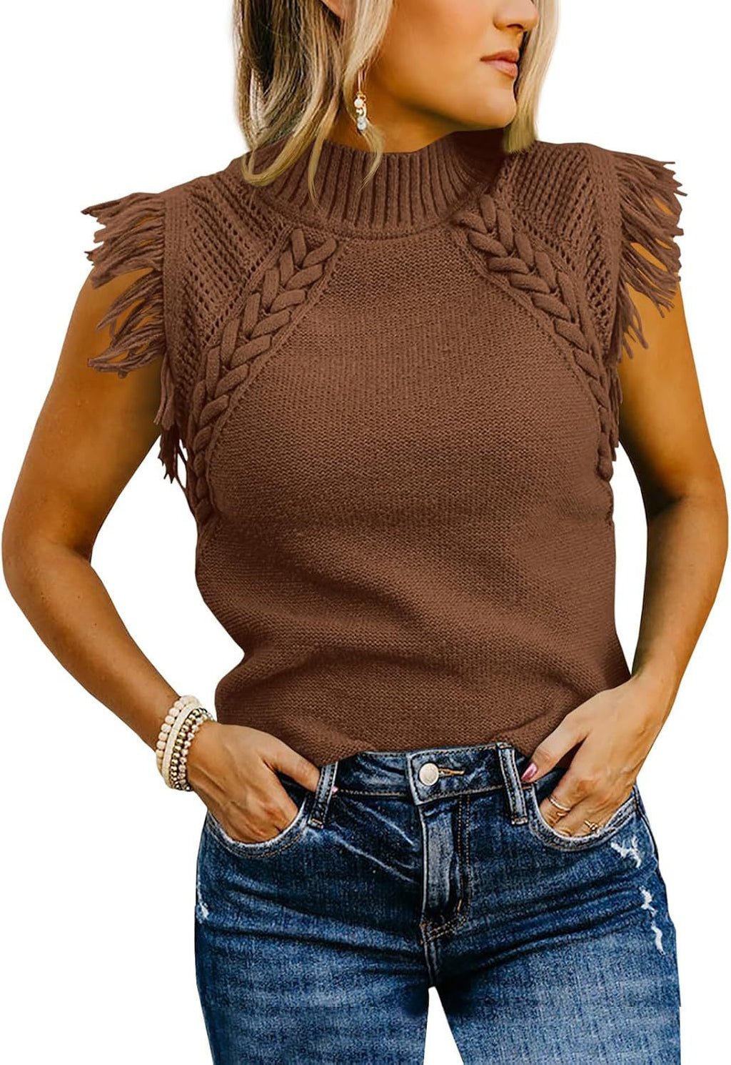 Elegantes Damen-Strickoberteil mit anspruchsvollem Häkelmuster und Fransen, Größe S