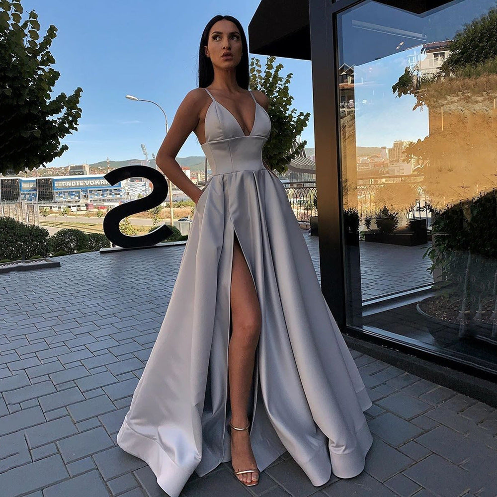Women's evening dress with a daring leg slit and elegant V-neck, size [size missing]