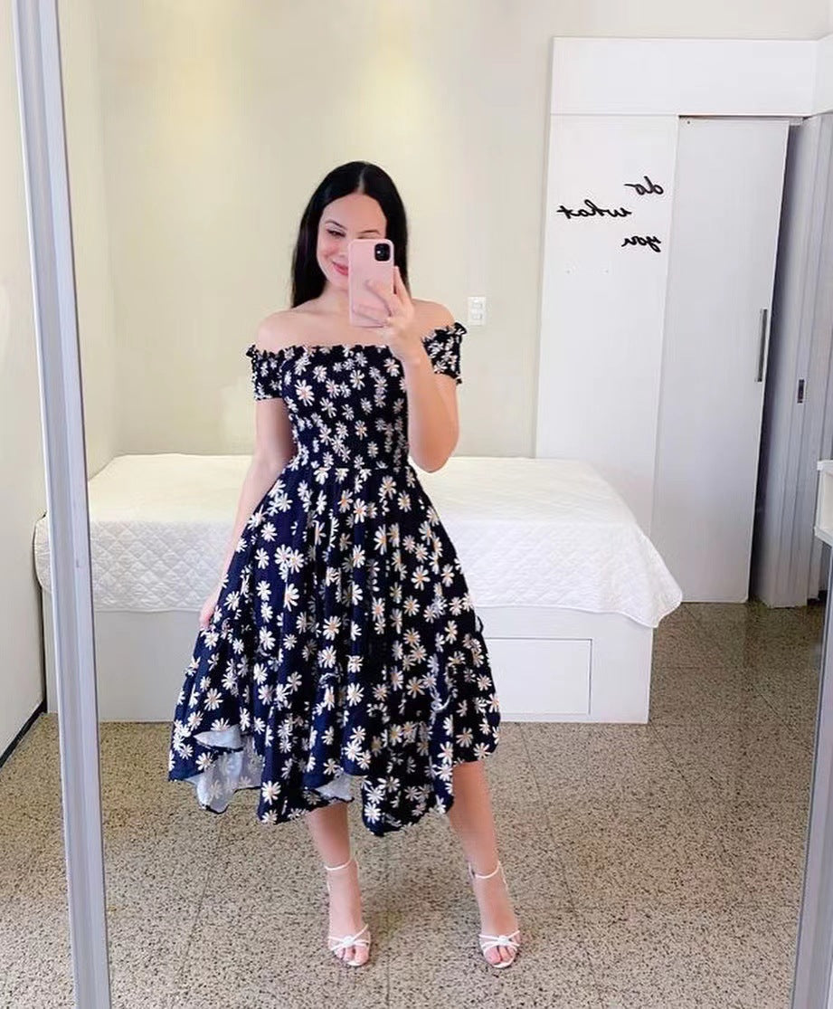Women's summer off-the-shoulder dress with a colorful butterfly pattern and flowing pleats, size S