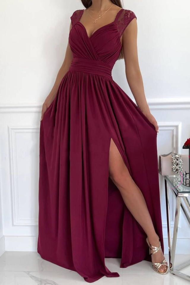 Women's evening dress with elegant V-neck and ruffle details, size