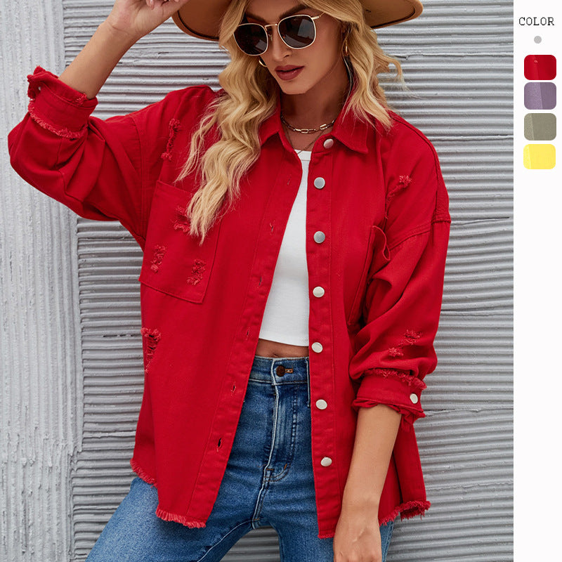 Damen-Hemdjacke aus Denim im lässigen Oversized-Schnitt mit Fransen, Größe Valenzora