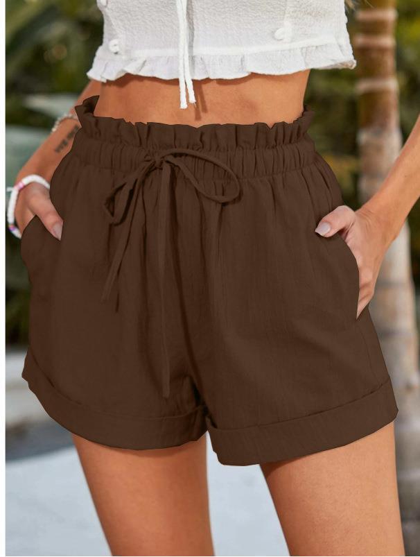 Women's elegant high-waisted fabric shorts with side pockets, size