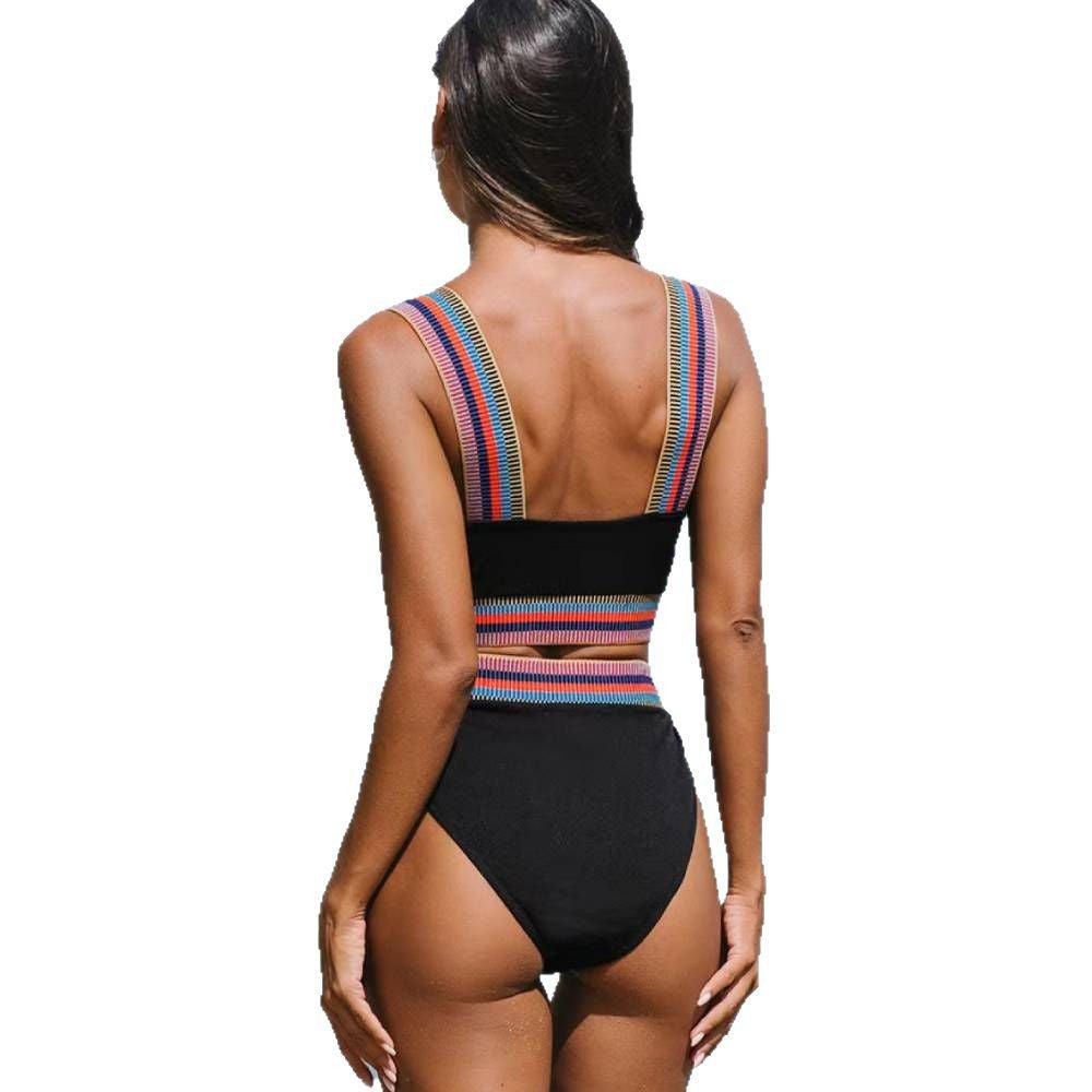 Women's bikini set with wide, colorful straps and high waistband, size [size missing]