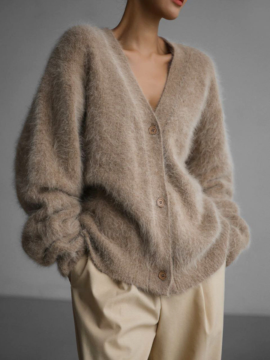 Valenzora Plush Loose Long Sleeve V-Neck Buttoned Cardigan