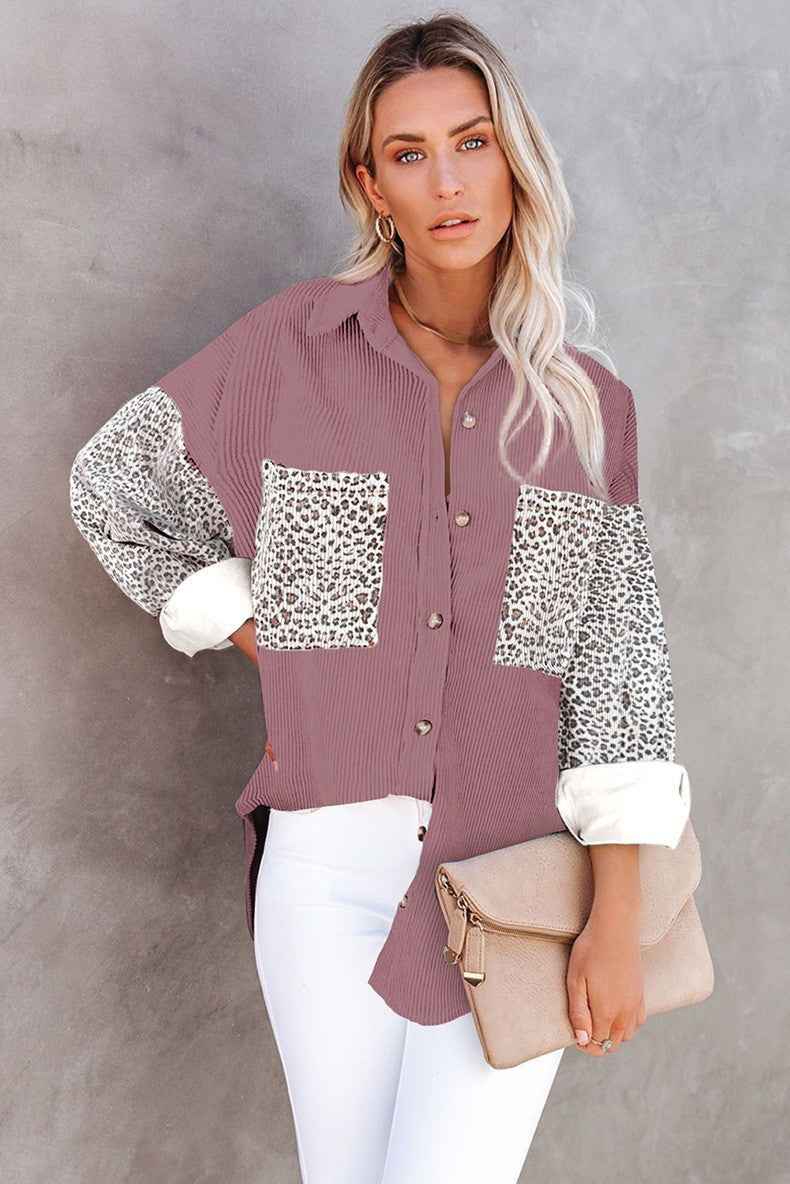 Women's trendy corduroy jacket with leopard details, size