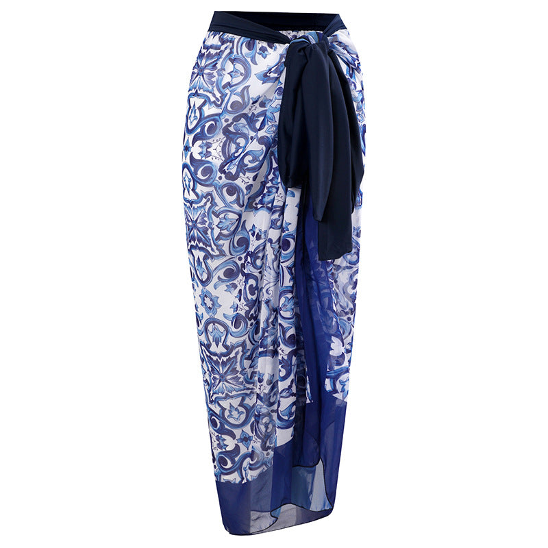 Women's beach pareo with elegant floral design and adjustable tie belt, size S