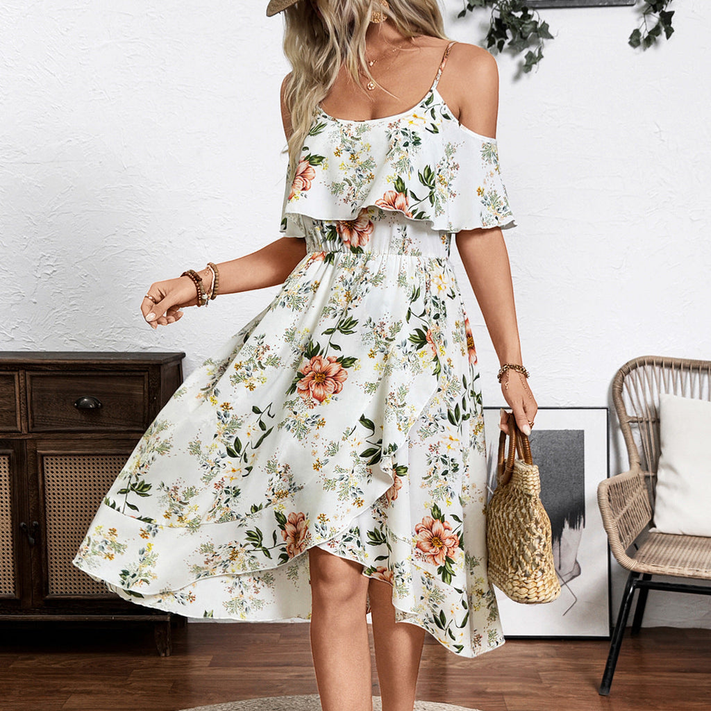 Damen Blume Dekolleté Kleid mit schwingendem Saum und lockerem Schnitt Drune