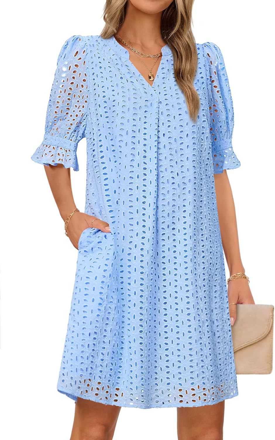 Women's airy summer dress with romantic openwork pattern and practical pockets, size