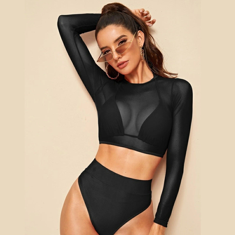 Damen Sport-Bikini-Set mit langärmligem Oberteil und hoher Taille, Größe