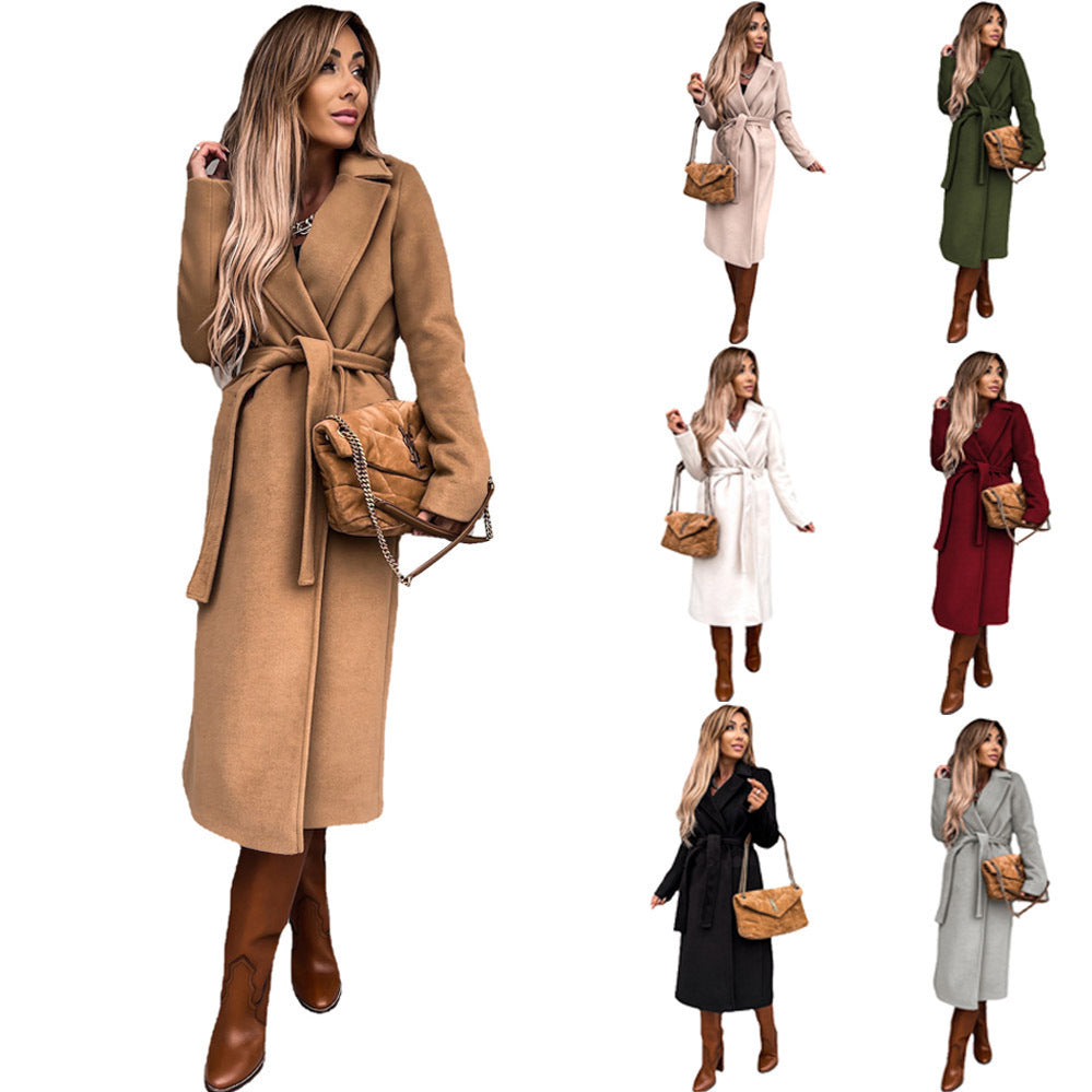 Women's elegant long coat with belt and high collar, size