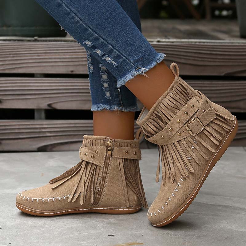 Valenzora | Boho ankle boots with fringes and buckles for women
