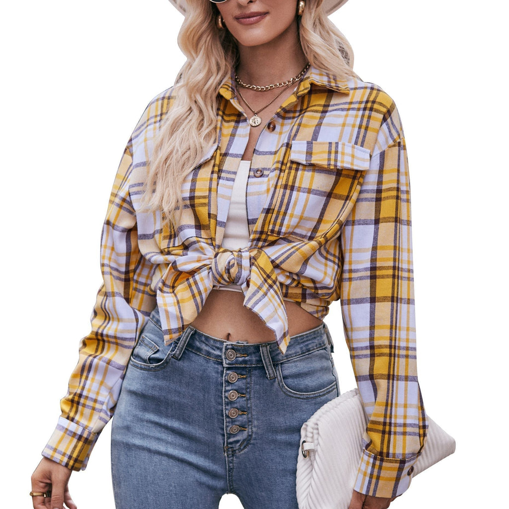 Women's checked shirt with button-up front design and casual knot detail, size Valenzora