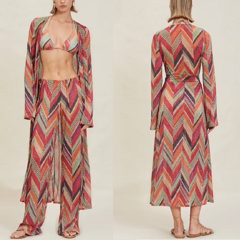 Women's casual beach suit with geometric pattern and loose fit, size