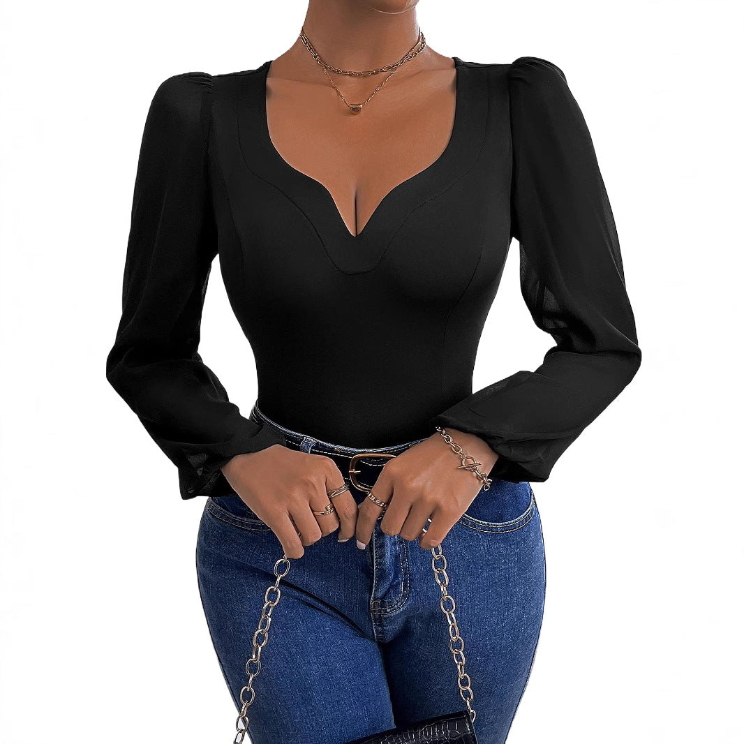Women's bodysuit with deep V-neck and transparent puff sleeves, size