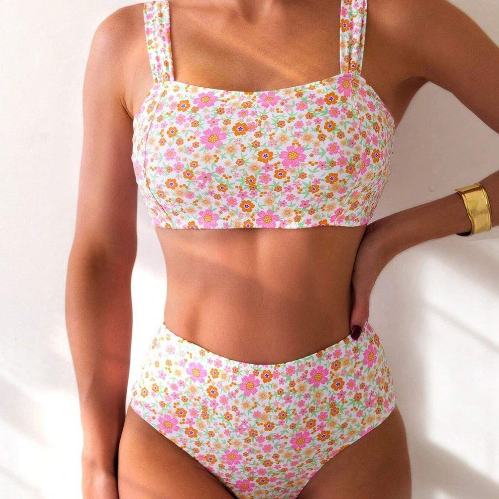 Valenzora | Women's High-Waisted Bikini Set with Floral Patterns and Wide Straps