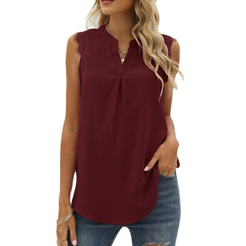 Women's sleeveless blouse with elegant lace insert and fashionable pleats, size