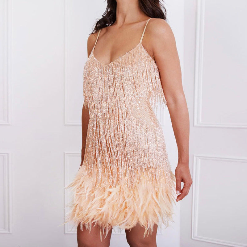 Glitzerndes kurzes Kleid für Damen mit Federn und glitzernden Pailletten, Größe