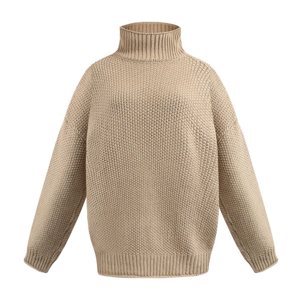 Women's chunky knit sweater with high collar and relaxed fit, size