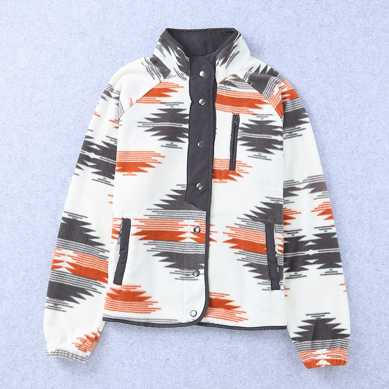 Women's cozy fleece jacket with a modern pattern and practical snap fasteners, size [size missing]