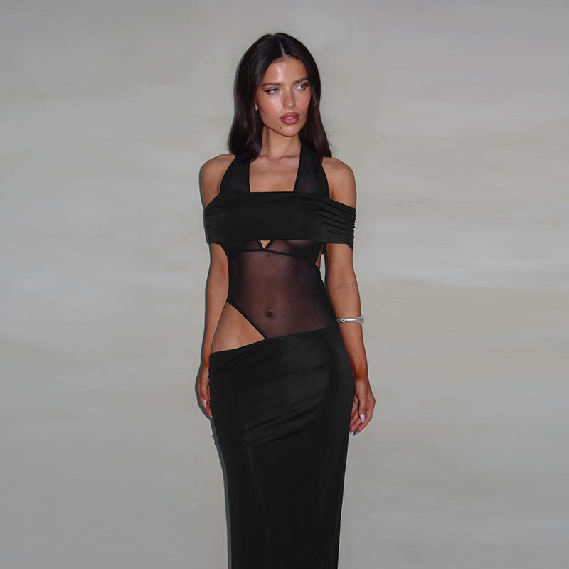 Damen-Cocktailkleid mit schulterfreiem Design und raffiniertem Netzeinsatz, Größe S