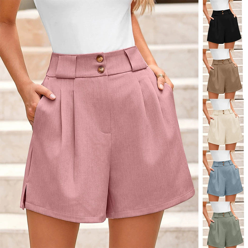 Women's elegant high-waisted shorts with button details and a wide cut