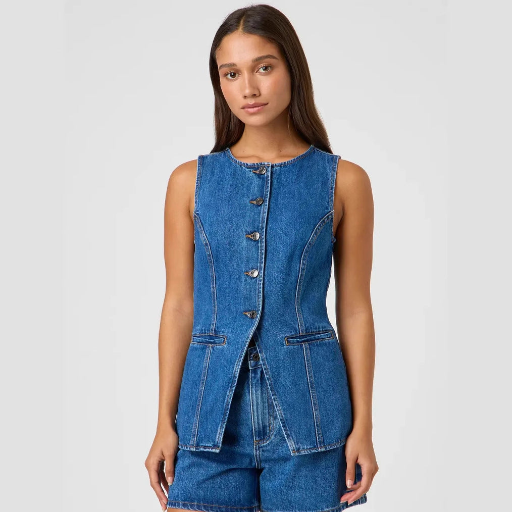Women's denim vest with a tailored cut and button details, size S