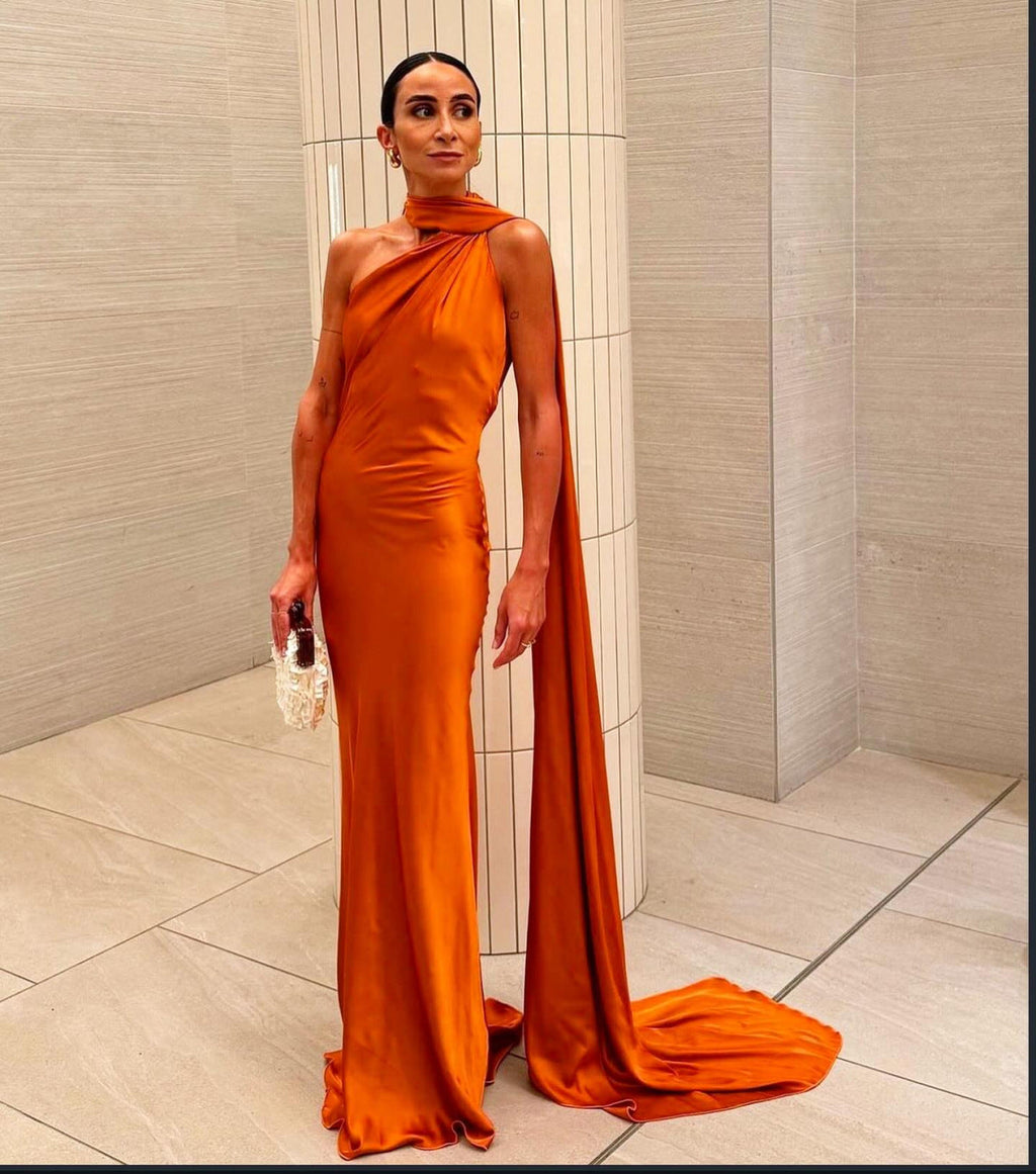 Women's elegant evening dress with a one-sided cape and sophisticated draping, size Valenzora