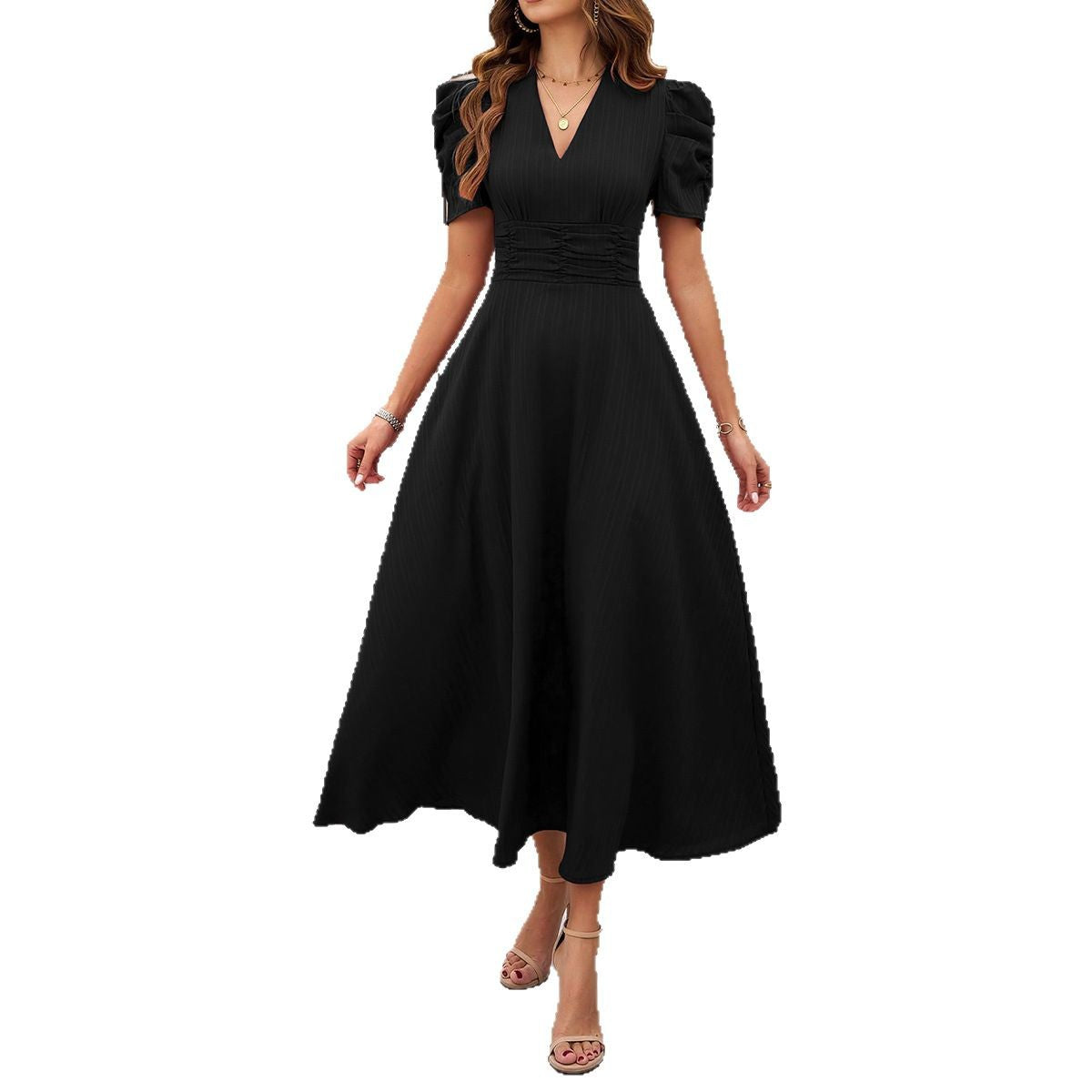 Women's midi dress with puff sleeves and V-neck, size