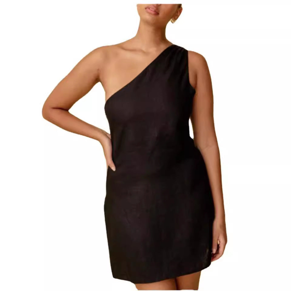 Valenzora | Solid color slim fit one-shoulder commuter dress