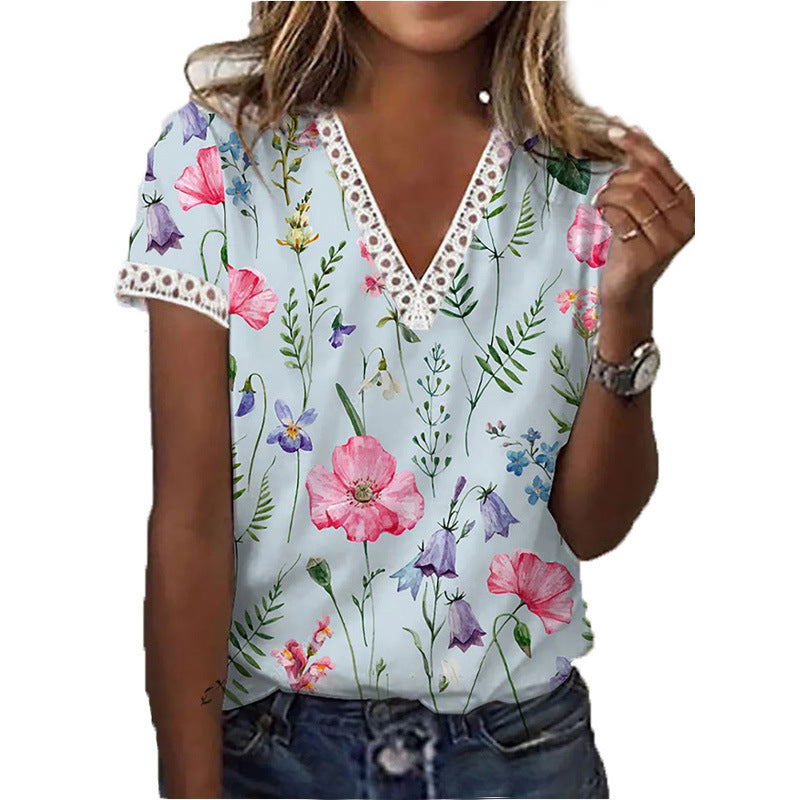 Valenzora | Elegant short-sleeved V-neck printed T-shirt for women