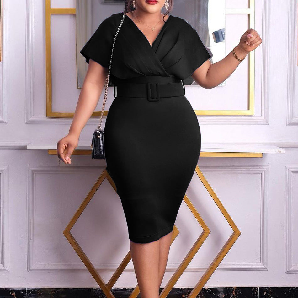 Valenzora | Tailliertes Damen-Midi-Kleid mit V-Ausschnitt und Gürtel