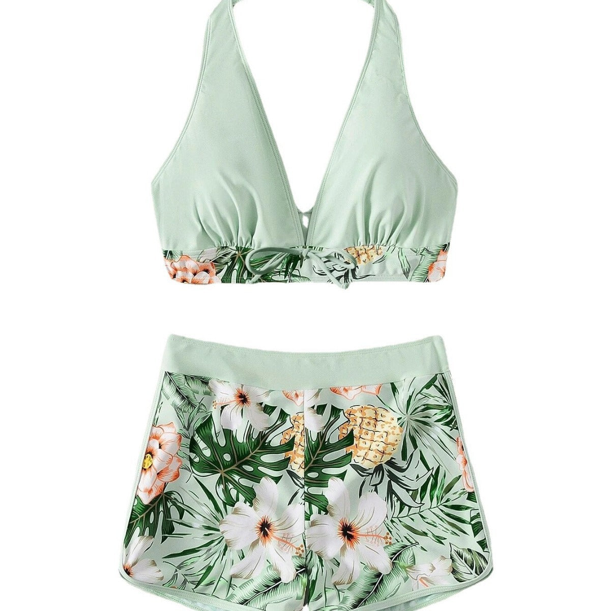 Women's sporty bikini set with woven top and patterned shorts, size [size]