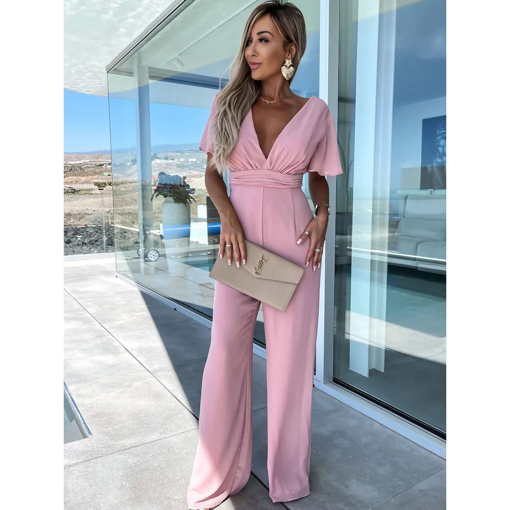 Valenzora | Spring Summer V-Neck Casual Short Sleeve Dress Loose Holiday Wide Leg One-Piece Women's