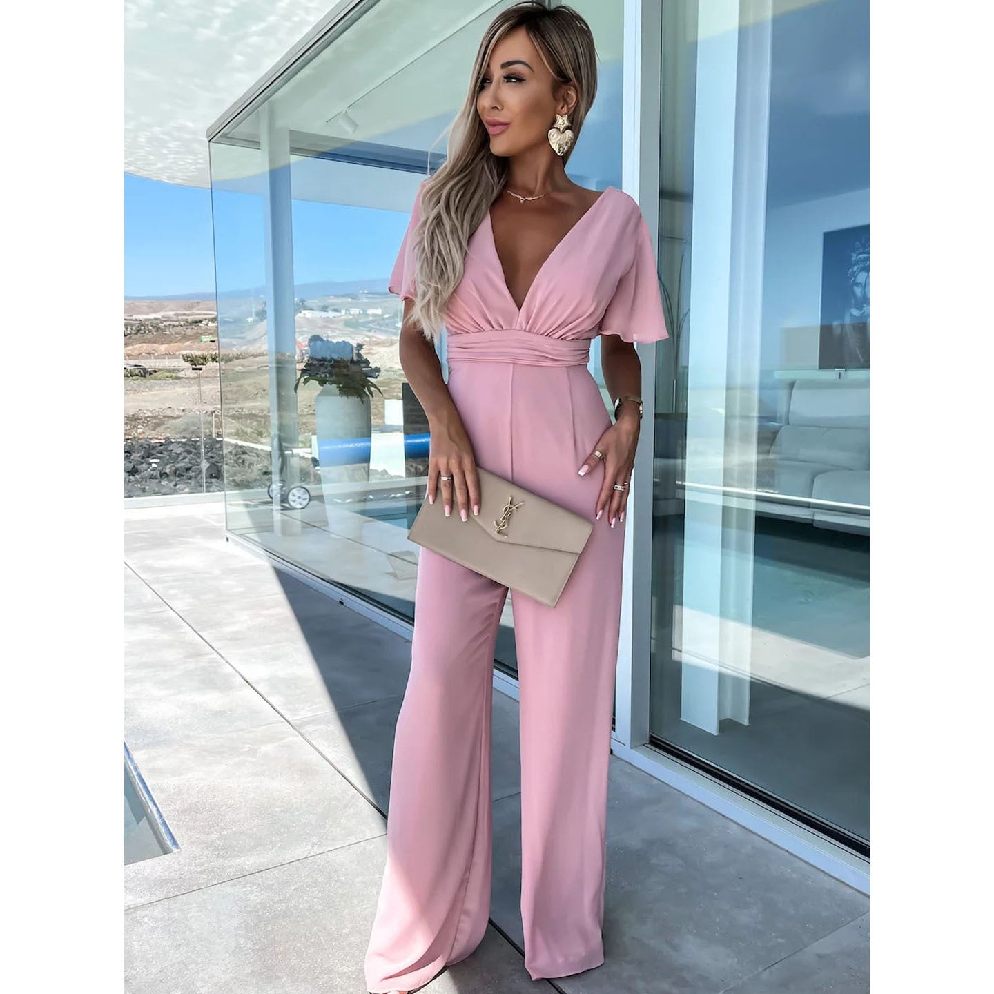 Valenzora | Spring Summer V-Neck Casual Short Sleeve Dress Loose Holiday Wide Leg One-Piece Women's