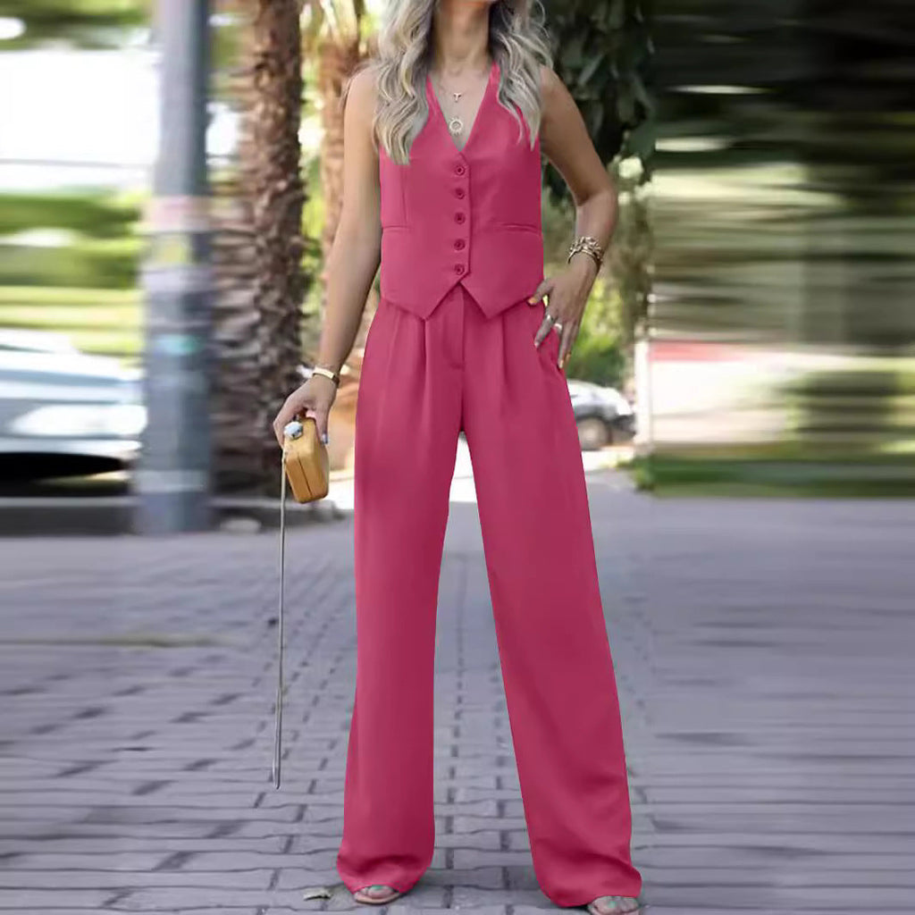 Sleeveless V-neck vest with wide-leg trousers ensemble