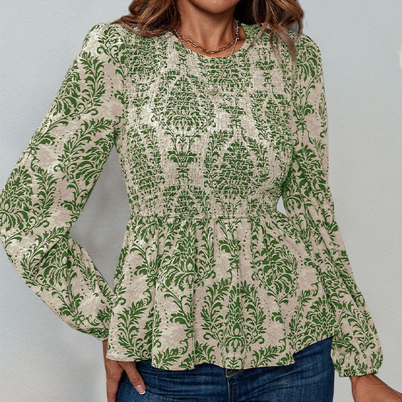 Women's blouse with elegant ruffle seams and floral pattern, size S