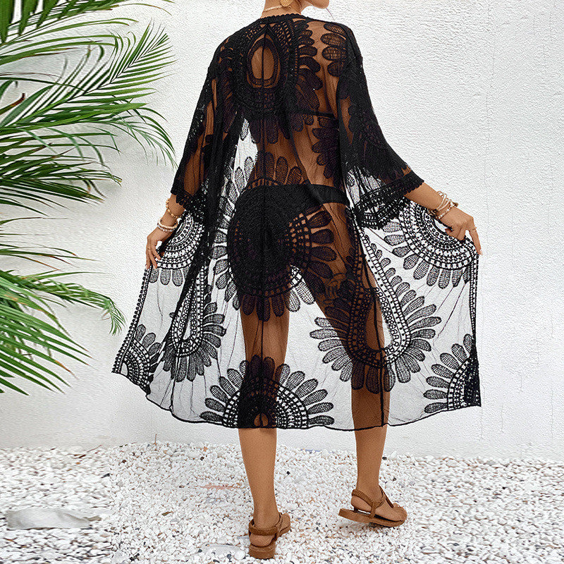 Transparenter Strandüberwurf für Damen mit elegantem Häkelmuster, Größe S