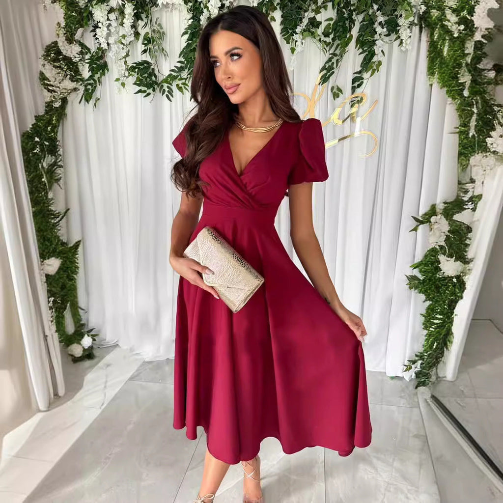 Valenzora | Elegantes Pendlerkleid mit V-Ausschnitt, Puffärmeln und durchgehend einfarbigem Design
