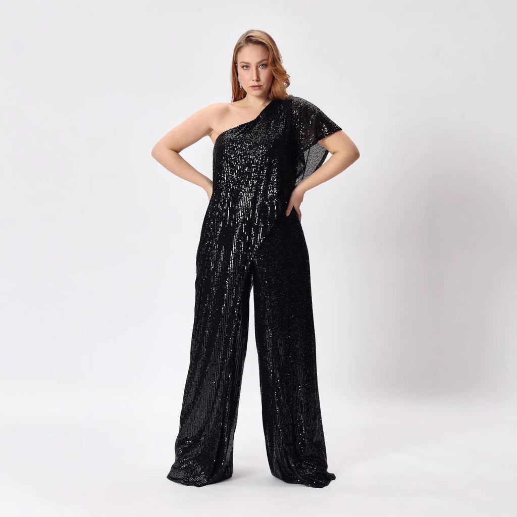 Women's One-Sided Sequin Jumpsuit with Wide-Leg Trousers, Size