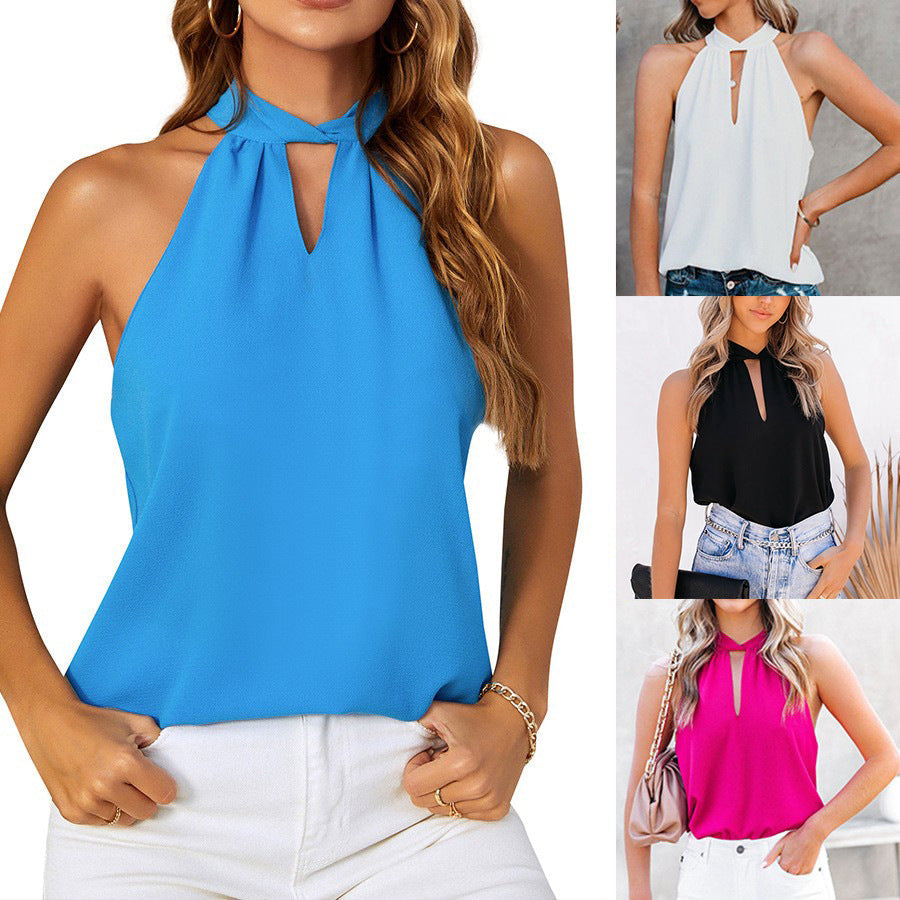 Women's sleeveless top with a chic slit neckline and fine texture, size Valenzora