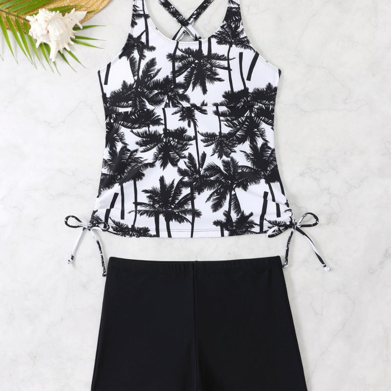 Women's tankini set with adjustable straps and modern palm print, size S