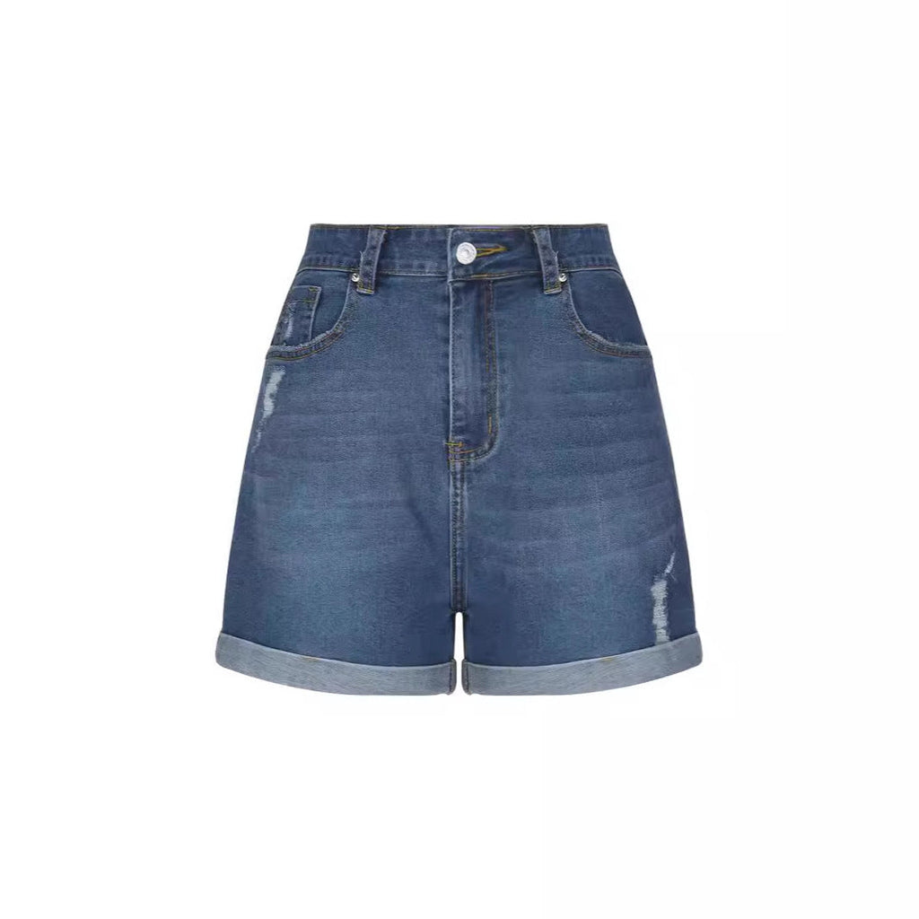 Women's distressed denim shorts with a high waist and frayed hem, size S