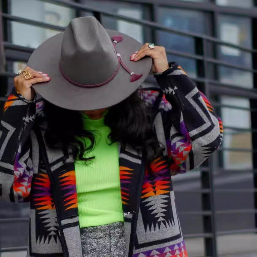 Women's long cardigan in a colorful ethnic design and modern cut, size
