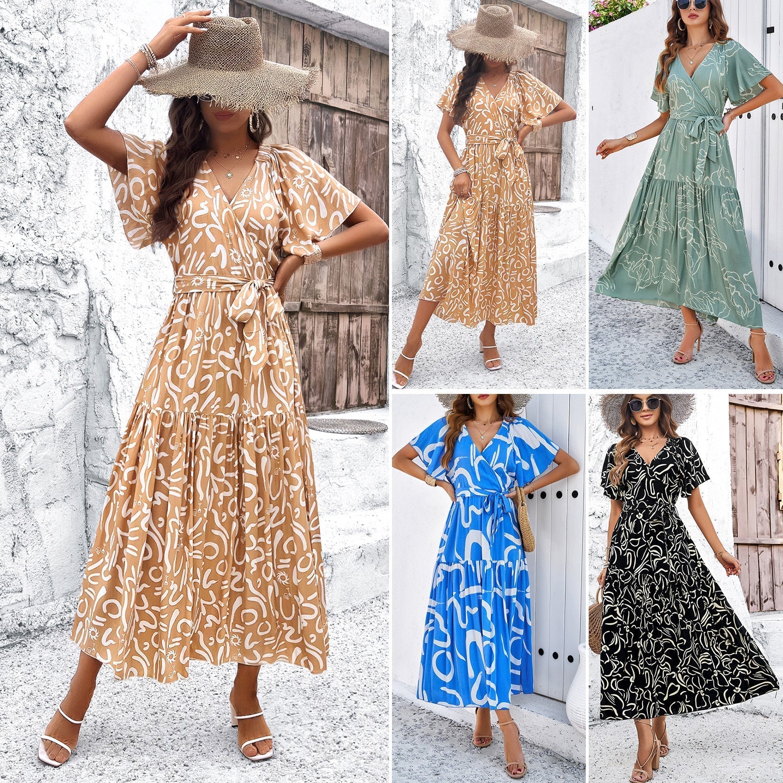 Women's wrap dress with voluminous sleeves and playful pattern, size S
