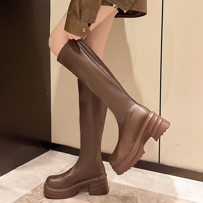Damen modische Stretch-Stiefel mit dicker Plateau-Sohle, Größe S