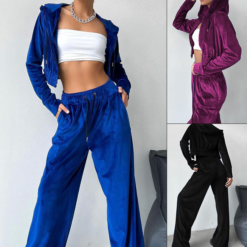 Women's sporty leisure set with casual hooded jacket and wide-leg trousers, size S