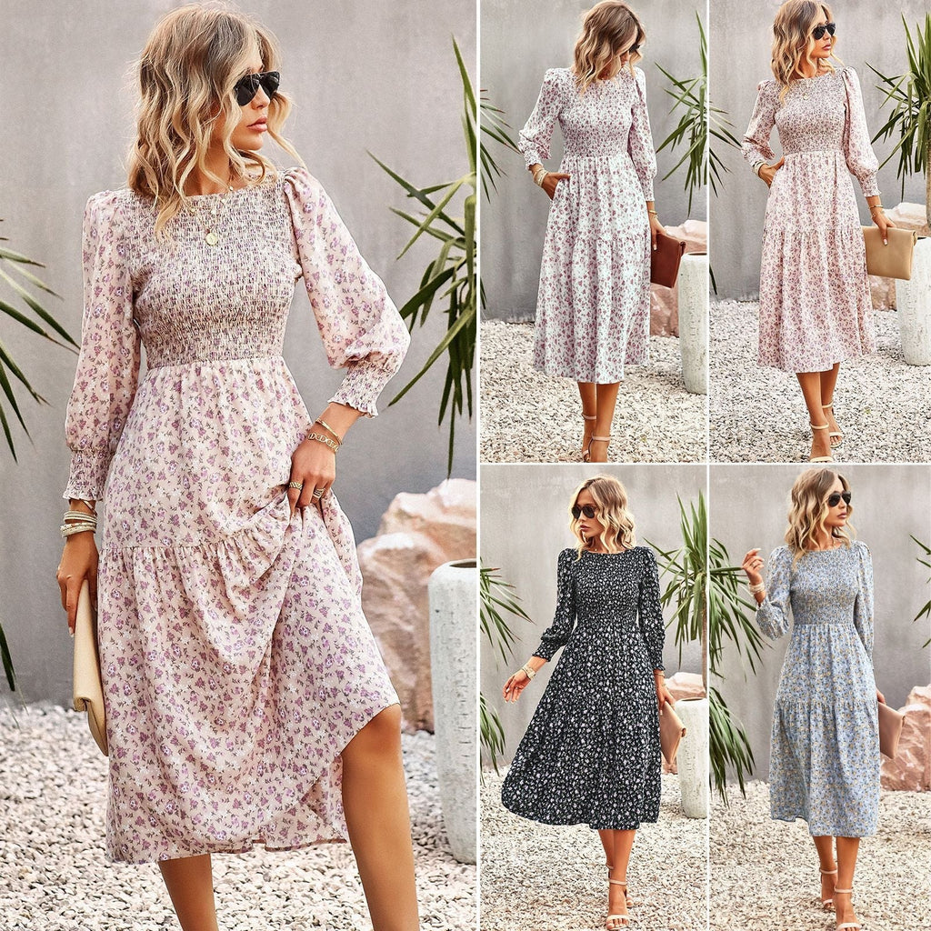 Women's floral midi dress with gathered waist and long sleeves, size