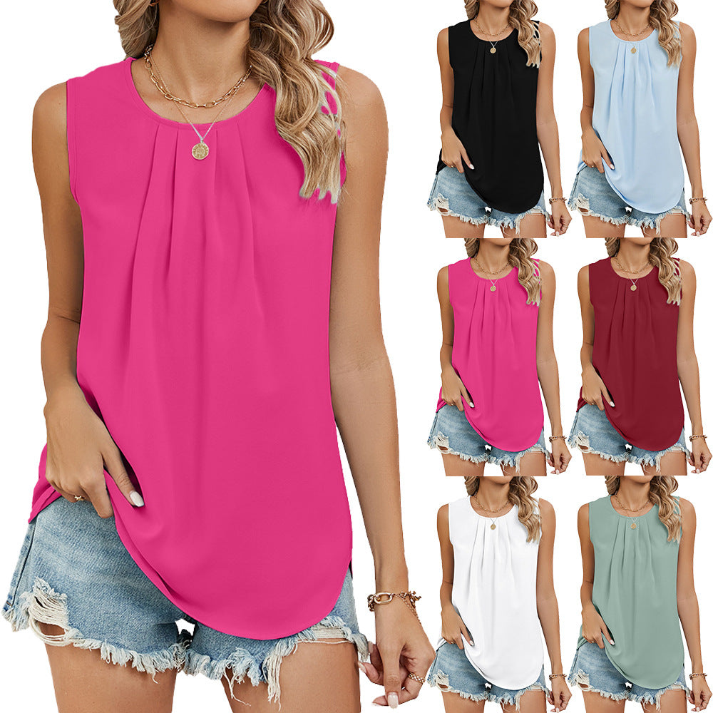 Women's sleeveless top with sophisticated pleats and elegant round neckline, size